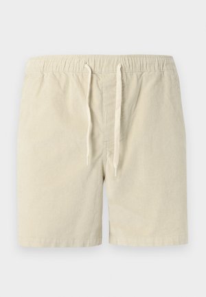 Beige corduroy shorts met elastische tailleband en koordsluiting aan de voorkant, knielengte, casual stijl.