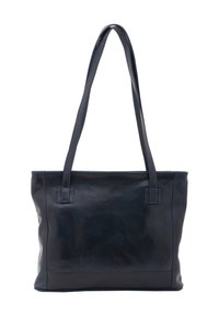 Borsa a spalla in pelle blu navy con due manici lunghi e una superficie liscia. Presenta una forma rettangolare e una cucitura sottile lungo i bordi.
