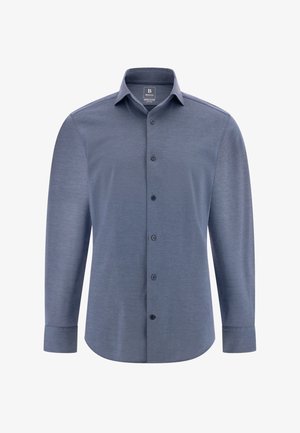 Koszula z długim rękawem z kołnierzykiem w ciemnoniebieskim, teksturowanym materiale, z zapięciem na guziki i regulowanymi mankietami. Gładkie wykończenie i dopasowany krój.