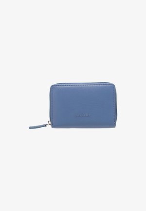 Light blue leather wallet with a smooth texture, rectangular shape, and a zip closure. Features a logo embossed on the front.