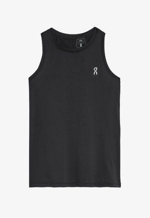 Débardeur de sport noir avec un col rond, design sans manches et un petit logo blanc sur la poitrine. Tissu lisse et léger.