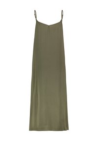 Olivgrünes, ärmelloses Kleid mit verstellbaren Trägern, fließendem Stoff und einer einfachen, geraden Silhouette. Keine Muster oder Verzierungen.