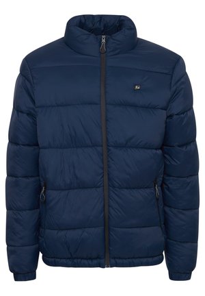 Navy puffer jacket with a high collar, front zipper, and elastic cuffs. Features stitched paneling and side pockets with zippers.