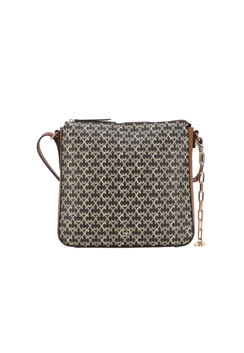 Crossover taske med geometrisk mønster i brun og beige, med en top zip lukning, brune læderdetaljer og en guldkæde detalje.