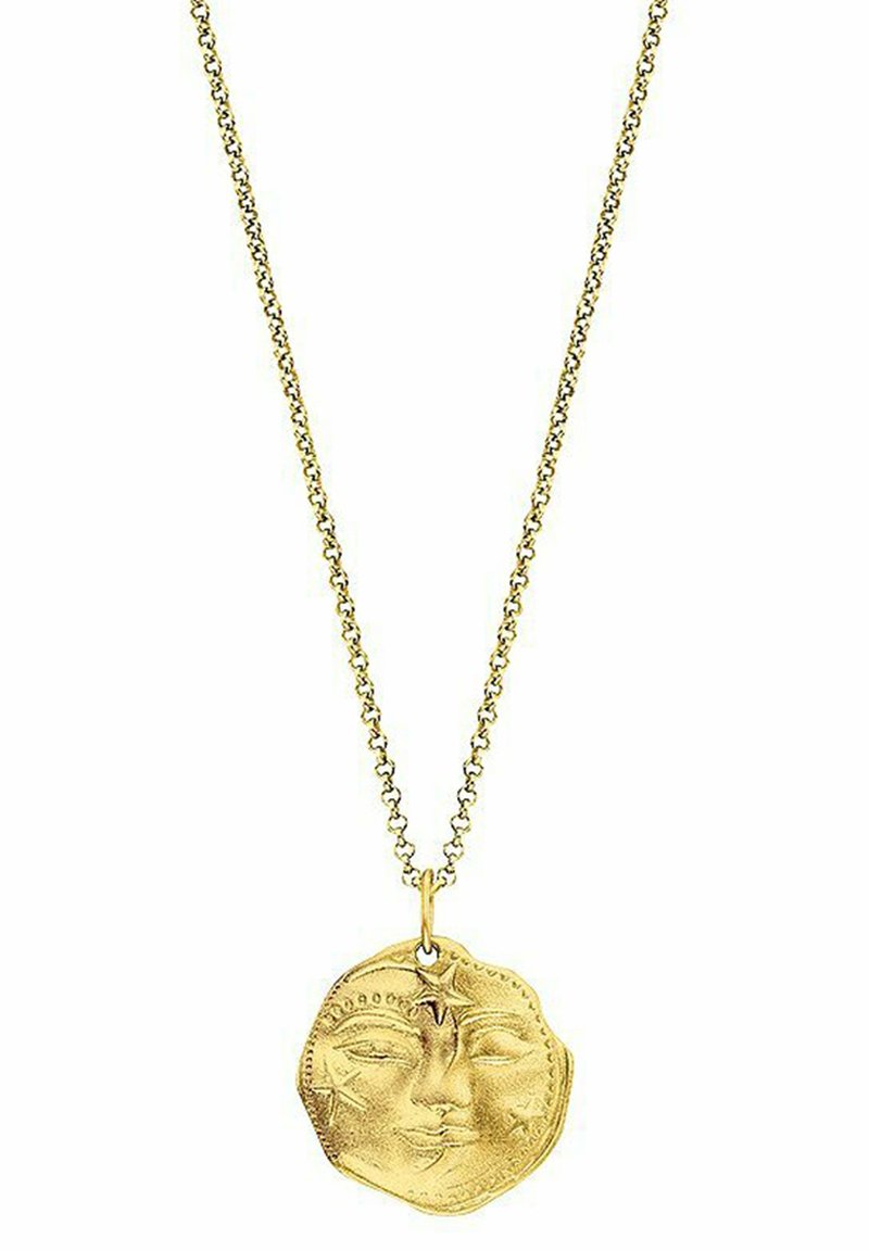 Goldfarbener Halskorb mit einem runden Anhänger, der ein geprägtes GesichtsdDesign und Sternelemente aufweist, aufgehängt an einer Gliederkette.