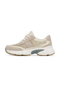 Sneakers feature a beige mesh upper with rhinestone accents, a white chunky sole, and gray rubber details. Laces extend through eyelets.