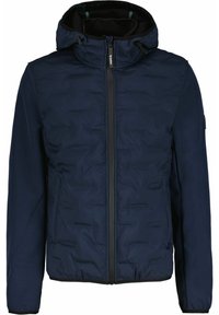 Mörkblå huva jacka med framdragkedja, långa ärmar och elastiska muddar, utformad för kallt väder.