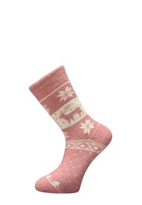 Knitted pink sock featuring white reindeer and snowflake patterns, with contrasting stripes and a soft textured finish.