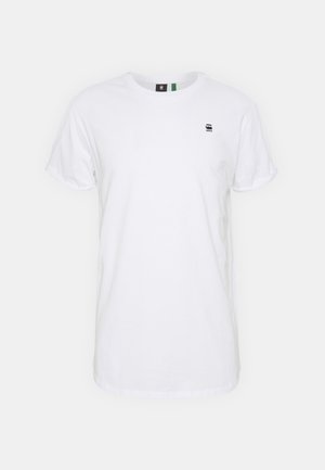 White cotton t-shirt with a rounded neck, short sleeves, and a small black logo on the chest. Simple, casual design.