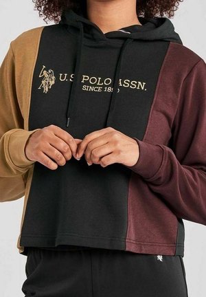 Persona con sudadera con capucha de bloques de color en beige, negro y burdeos, con el logo de U.S. Polo Assn. y cordones, manos juntas al frente.