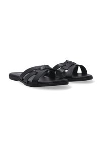 Sorte slidesandaler med et vævet stropdesign. Fremstillet af syntetisk materiale med en flad sål og åben tå. Mat finish.
