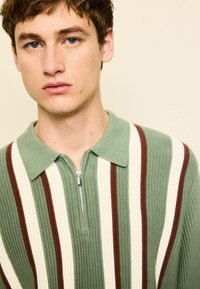 Gebreide polo met rits, uitgevoerd in verticale strepen in groen, crème en bordeaux. Model met kraag, textuurrijke stof en zilveren ritssluiting.