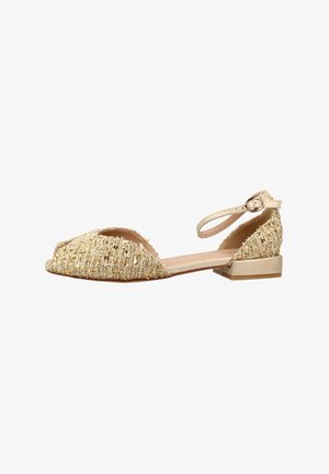 Scarpa piatta dorata con texture, punta appuntita, cinturino alla caviglia e tacco basso a blocco, decorata con paillettes e tessuto intrecciato.