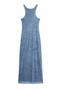 Denim-maksimekko vaaleansinisessä värissä, jossa on vartalonmyötäinen siluetti, hihaton muotoilu ja sileä pinta. Yksinkertaiset, siistit linjat kauttaaltaan.