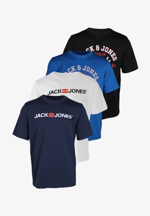Four cotton T-shirts in navy, white, blue, and black. Each features the text "JACK & JONES" in contrasting colors, with varying designs.