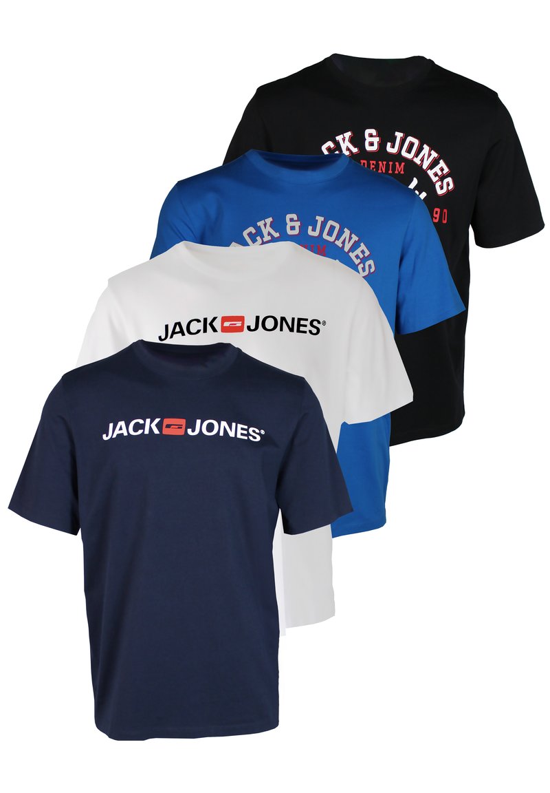 Vier Baumwoll-T-Shirts in Marineblau, Weiß, Blau und Schwarz. Jedes Shirt trägt den Schriftzug "JACK & JONES" in kontrastierenden Farben und mit unterschiedlichen Designs.