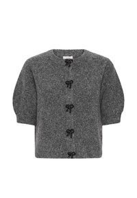 Cardigan corto in lana grigia con maniche a sbuffo, bottoni decorativi a fiocco nero e scollatura rotonda. Texture liscia e design minimale.