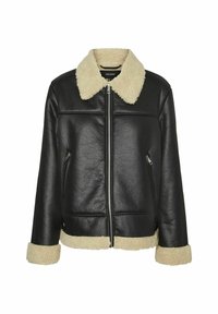 Veste en cuir noir avec col et poignets en fausse fourrure beige, fermeture éclair, deux poches latérales et détails de coutures horizontales.
