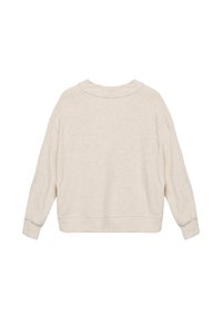 Jasno beżowy sweter z okrągłym dekoltem, z długimi rękawami, o miękkiej teksturze oraz prążkowanym dekolcie i mankietach. Ma luźny, skrócony krój.