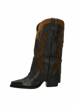 Black leather cowboy boot with brown suede accents, pointed toe, decorative stitching, and angular design on the shaft. Low block heel.
