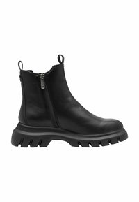 Stivaletti in pelle nera con suola in gomma spessa, cerniera laterale e linguette di estrazione. Texture liscia con punta arrotondata e suola con battistrada.