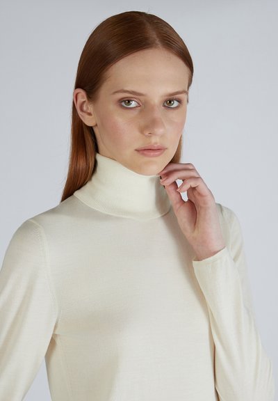 Crème col roulé trui met lange mouwen, gemaakt van een soepele, lichte stof, met een aansluitend ontwerp en minimale naaddetails.