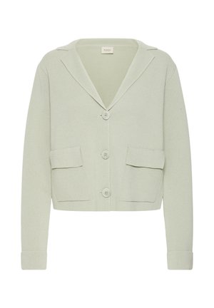Cardigan vert clair en tissu texturé. Comprend un col cranté, quatre boutons et deux poches plaquées à l'avant. Coupe courte.