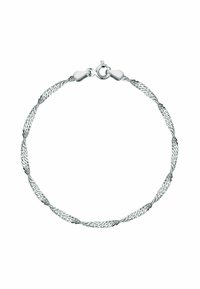 Bracciale in argento con design intrecciato, texture liscia e chiusura a moschettone per una maggiore sicurezza.