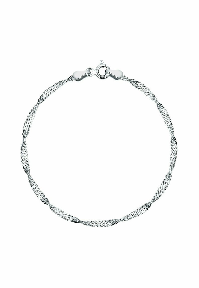 Bracciale in argento con design intrecciato, texture liscia e chiusura a moschettone per una maggiore sicurezza.