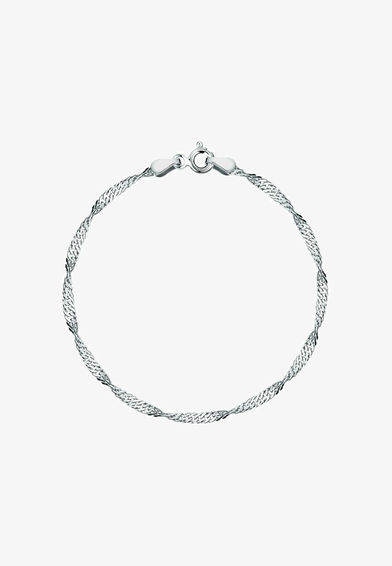 Bracciale in argento con design intrecciato, texture liscia e chiusura a moschettone per una maggiore sicurezza.