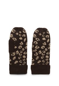 Pletene rukavice u tamnosmeđoj boji s kontrastnim svijetlosmeškastim leopard uzorkom, s rebrastim manžetnama za dodatnu toplinu i udobnost.