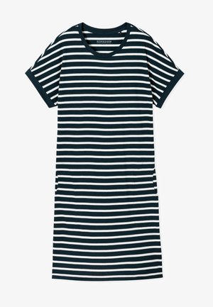 Csíkos ruha sötétkék és fehér színben. Rövid ujjú, kerek nyakú, laza fit, oldalsó zsebekkel. Puha pamut anyag, egyenletes csíkokkal.