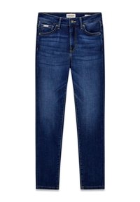 Jean en denim bleu foncé à coupe ajustée, avec cinq poches, une fermeture par bouton à l'avant et un léger effet usé au niveau des cuisses.