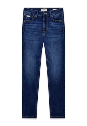 Donkerblauwe denim jeans met een slim fit, vijf zakken, een knoopsluiting aan de voorkant, en subtiele wassing bij de dijen.