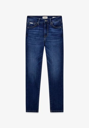 Donkerblauwe denim jeans met een slim fit, vijf zakken, een knoopsluiting aan de voorkant, en subtiele wassing bij de dijen.