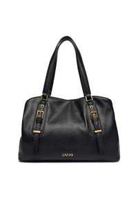 Borsa a mano in pelle nera con due tracolle, dettagli in metallo dorato e finitura testurizzata. Presenta un logo impresso sulla parte anteriore.