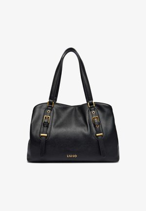 Sac à main en cuir noir avec deux bretelles, éléments métalliques dorés et finition texturée. Présente un logo embossé à l'avant.