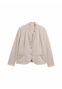 Blazer beige hecho de una tela suave, con colorido de muesca, dos bolsillos frontales y cierre de botón, con un ajuste relajado y una textura suave.