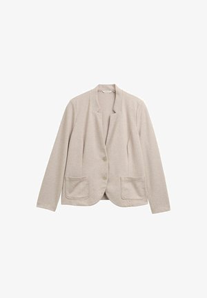 Beige blazer van zachte stof, met een geklemd kraag, twee zijzakken en een knoopsluiting, met een comfortabele pasvorm en een gladde textuur.