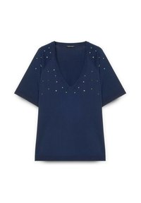 Top a maniche corte blu navy con scollatura a V e decorazioni colorate sul petto. Tessuto morbido con una consistenza liscia.