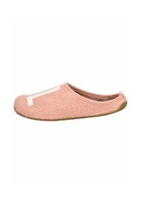 Pantofole in feltro rosa con una texture morbida, forma arrotondata e un motivo bianco sulla parte superiore. Presentano una suola in gomma flessibile per una maggiore durata.