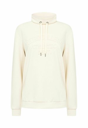 Sweat-shirt couleur crème avec un col montant, des cordons de serrage ajustables et le texte en relief "Retro College Athletic Dept." sur le devant.