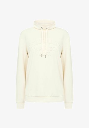 Kermanvärinen collegepaita, jossa on korkea kaulus, säädettävät kiristysnauhat ja kohokuvioitu teksti "Retro College Athletic Dept." edessä.