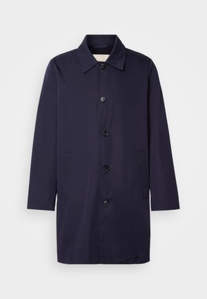 Cappotto blu navy in tessuto liscio con colletto, bottoni frontali e tasche laterali. Presenta una linea dritta e maniche lunghe.