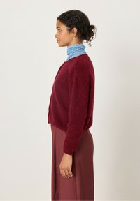 Burgundska puhasta jopica z okroglim izrezom in dolgimi rokavi, prepeljana čez modro-belo črtasto polo majico, kombinirana z rjavimi hlačami.