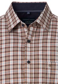 Braun-weißer karierthem Hemd mit blauen Akzenten. Verfügt über einen Button-Down-Kragen und einen kontrastierenden Innenkragen. Hergestellt aus gewebtem Stoff.