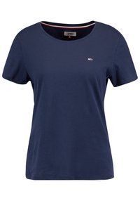 Námořnická modrá dámská tričko s krátkým rukávem a kulatým výstřihem, se malým logem Tommy Jeans na levé hrudi.