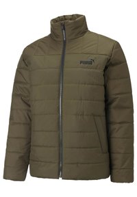 Doudoune vert olive avec motif matelassé, col haut, fermeture éclair avant et poches latérales. Présente un logo Puma noir sur la poitrine.