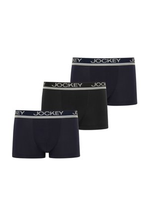Drei Paar Herren-Boxershorts in Navy und Schwarz mit breiten elastischen Bundbändern mit dem „Jockey“-Logo in Grau und Navy.