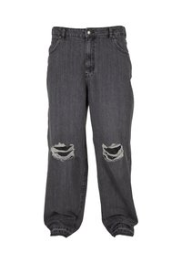 Sorte denim jeans med en afslappet pasform, der har to store rifter ved knæene, tætsiddende huller og en klassisk knaplukning.